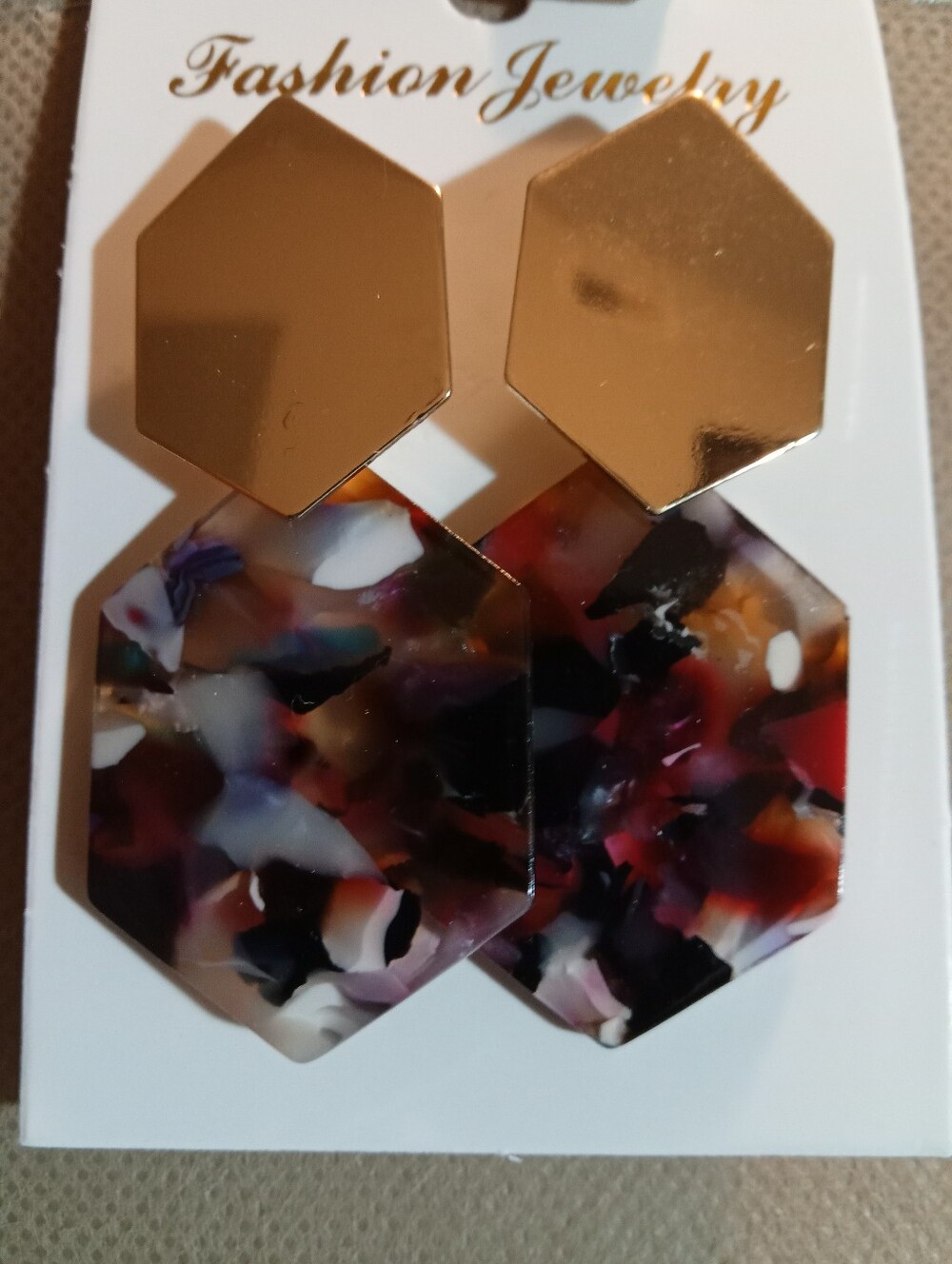 Fashion Jewelry Gold and Multicolor Hexagon Drop Earrings